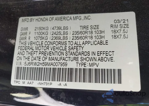 2021 Honda Cr-V Awd Ex из США, поврежденный, VIN 5J6RW2H59MA007959